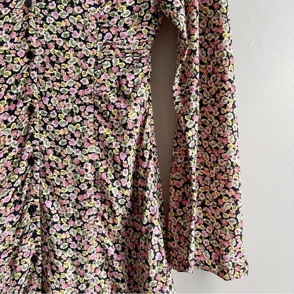 Zara Floral Mini‎ Shirt Dress Long Sleeves Pink Green Black Yellow, Size XS - Picture 7 of 11